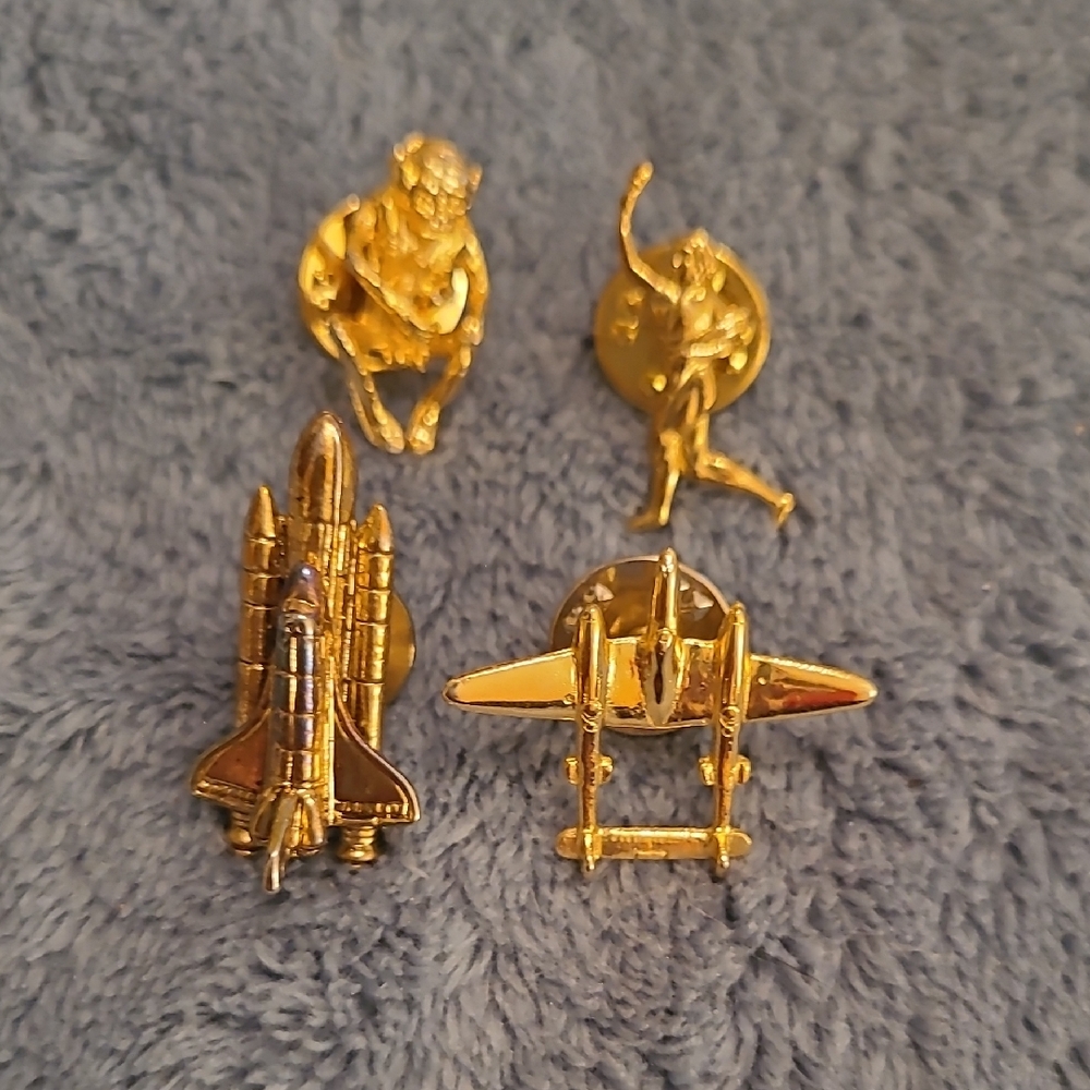 2/$22 Goldtone Space Shuttle, Airplane, Runner and Rude Tiny Monkey Pin Lot